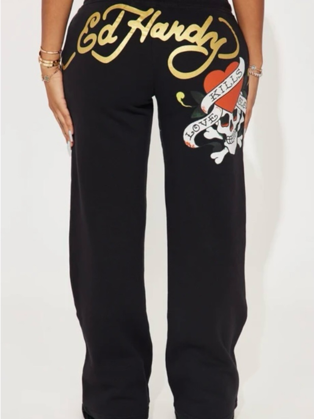 Ed Hardy Love Kills Black Skull Wide Leg Cotton Joggers Size M NWT